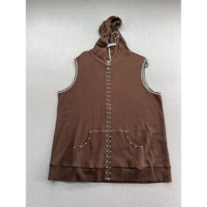 Quacker Factory Vest Womens 1X Brown Hooded Zip Up Rhinestone Cross Back Studs